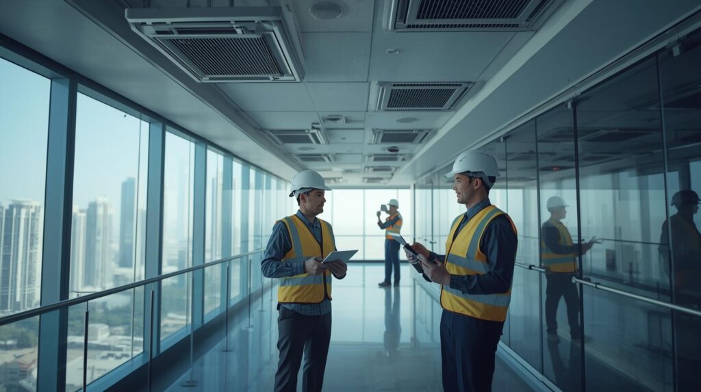 professional HVAC technicians working inside a modern commercial building in Dubai 1